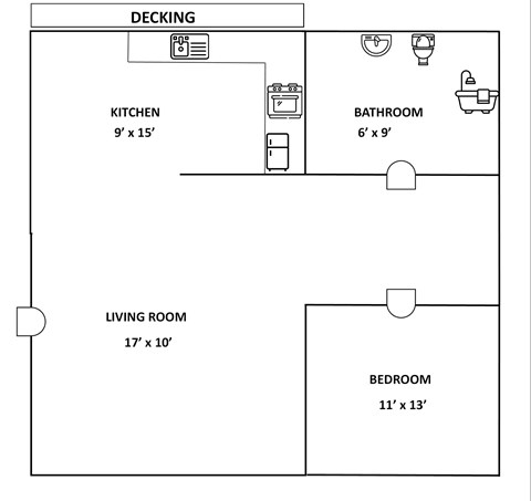 A black and white image of a floor plan for a small apartment.